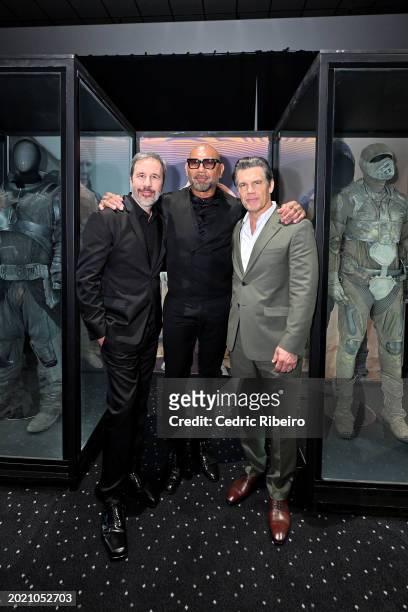 Denis Villeneuve, Dave Bautista and Josh Brolin attend the Premiere of "Dune" Part Two at VOX Cinemas on February 18, 2024 in Abu Dhabi, United Arab...
