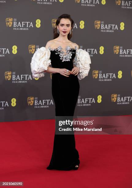 Lilly Collins attends the 2024 EE BAFTA Film Awards at The Royal Festival Hall on February 18, 2024 in London, England.