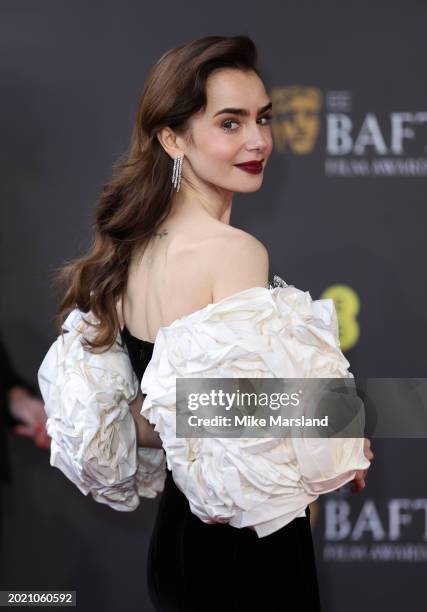 Lilly Collins attends the 2024 EE BAFTA Film Awards at The Royal Festival Hall on February 18, 2024 in London, England.