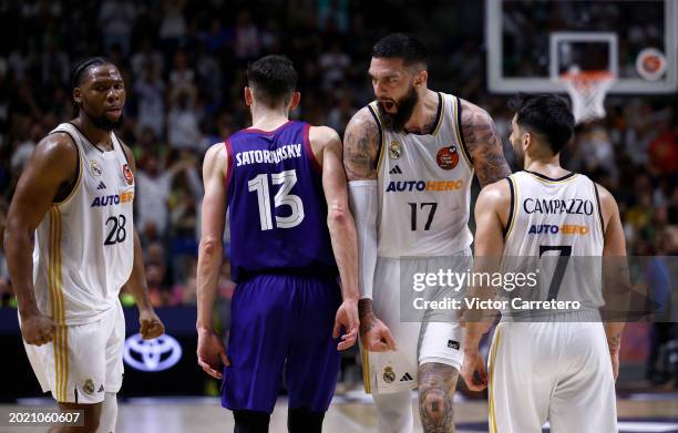 Real Madrid players celebrates after scoring during the Semi Final 2024 Copa del Rey de Baloncesto match between Real Madrid and FC Barcelona at...