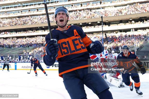 Brock Nelson of the New York Islanders celebrates after scoring a goal against the New York Rangers during the first period during the 2024 Navy...