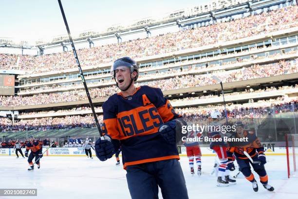 Brock Nelson of the New York Islanders celebrates after scoring a goal against the New York Rangers during the first period during the 2024 Navy...