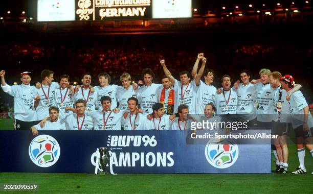 June 30: Germany Players celebrate with trophy after the UEFA Euro 1996 Final match between Czech Republic and Germany at Wembley Stadium on June 30,...