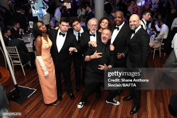 Ayo Edebiri, Christopher Miller, Phil Lord, Peter Lord, guest, Sam Fell, Kemp Powers and Joaquim Dos Santos during the EE BAFTA Film Awards 2024...