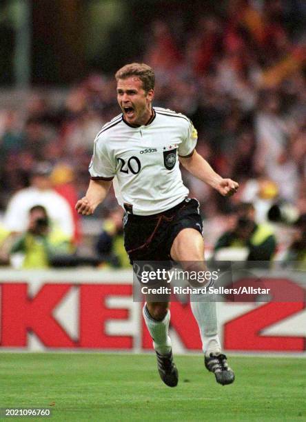 June 30: Oliver Bierhoff of Germany celebrates during the UEFA Euro 1996 Final match between Czech Republic and Germany at Wembley Stadium on June...