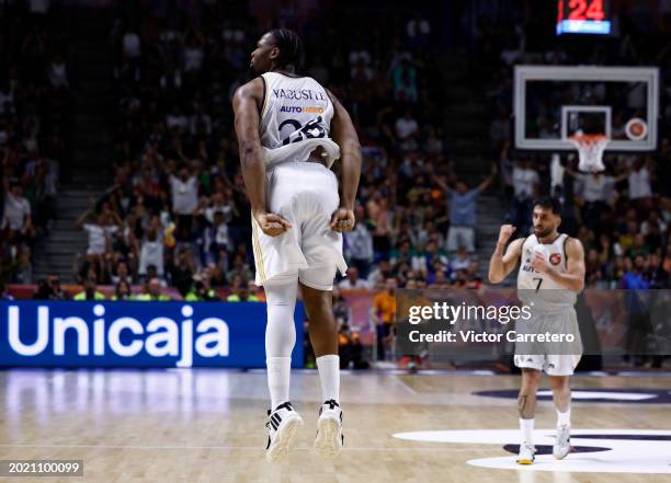 The Real Madrid players celebrate after winning the match during the Semi Final 2024 Copa del Rey de Baloncesto match between Real Madrid and FC...