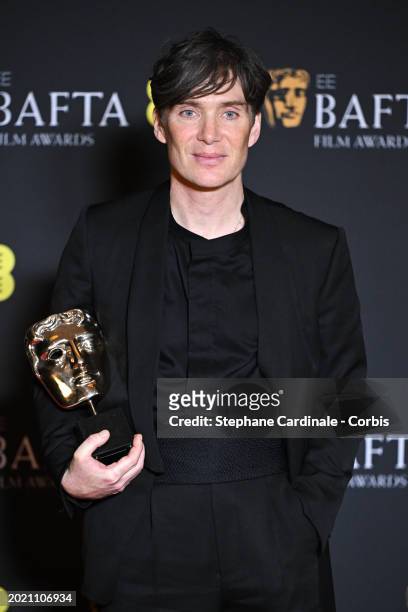 Cillian Murphy poses with the Leading Actor Award in the winners room at the 2024 EE BAFTA Film Awards at The Royal Festival Hall on February 18,...