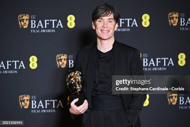 Cillian Murphy poses with the Leading Actor Award in the winners room at the 2024 EE BAFTA Film Awards at The Royal Festival Hall on February 18,...