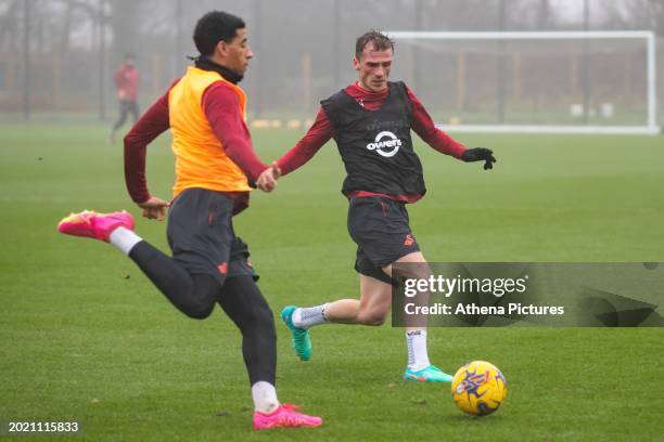 Azeem Abdulai and Josh Tymon of Swansea City battle for the ball during the Swansea City Training Session at Fairwood Training Ground on February 21,...