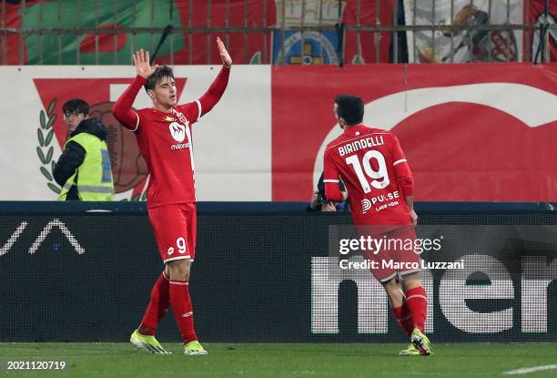 Lorenzo Colombo of AC Monza celebrates scoring his team's fourth goal with teammate Samuele Birindelli during the Serie A TIM match between AC Monza...