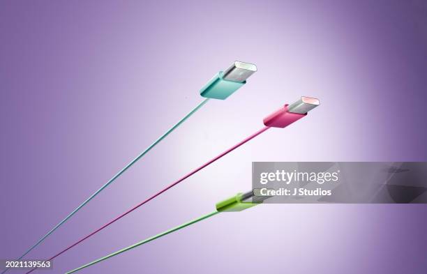 three usb-c cable connectors - plugging in new computer stock pictures, royalty-free photos & images