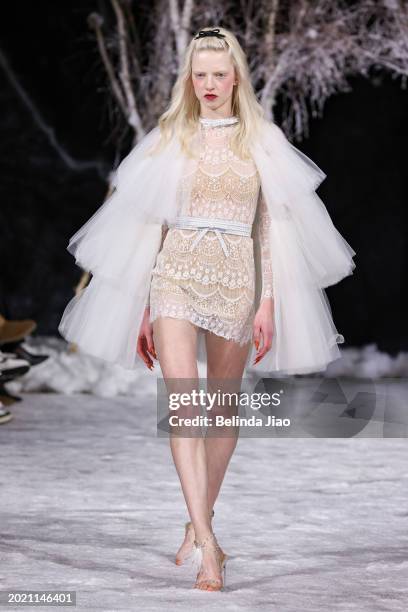 Model walks the runway at the Aadnevik show during London Fashion Week February 2024 at on February 18, 2024 in London, England.
