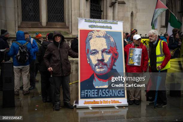 Supporters of Julian Assange gather outside the High Court prior marching to Downing Street on February 21, 2024 in London, England. The two-day...