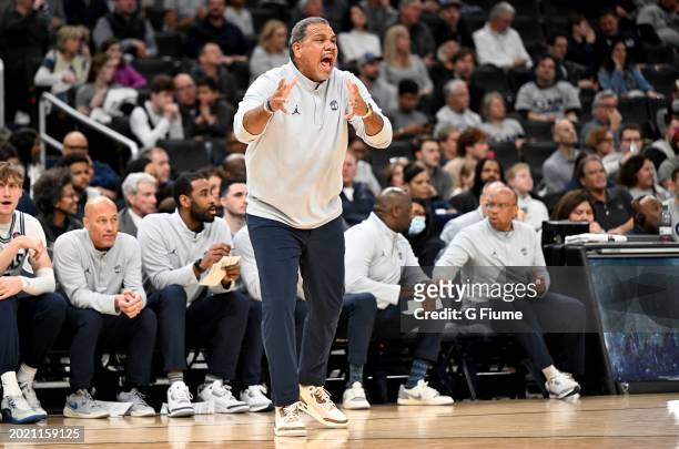 Head coach Ed Cooley of the Georgetown Hoyas watches the game against the Villanova Wildcats at Capital One Arena on February 16, 2024 in Washington,...