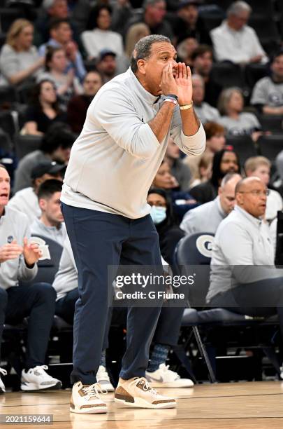 Head coach Ed Cooley of the Georgetown Hoyas watches the game against the Villanova Wildcats at Capital One Arena on February 16, 2024 in Washington,...