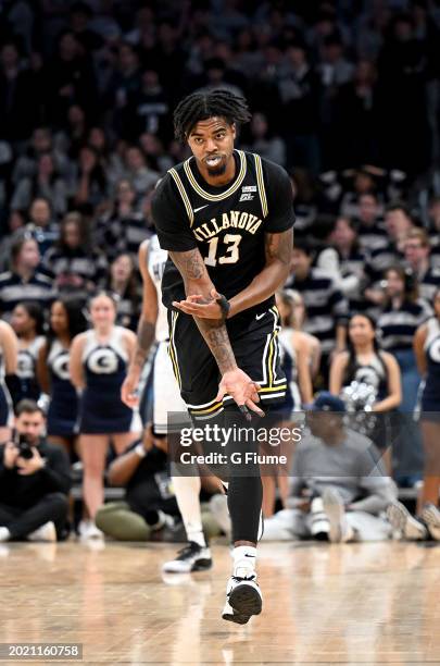 Hakim Hart of the Villanova Wildcats celebrates during the game against the Georgetown Hoyas at Capital One Arena on February 16, 2024 in Washington,...