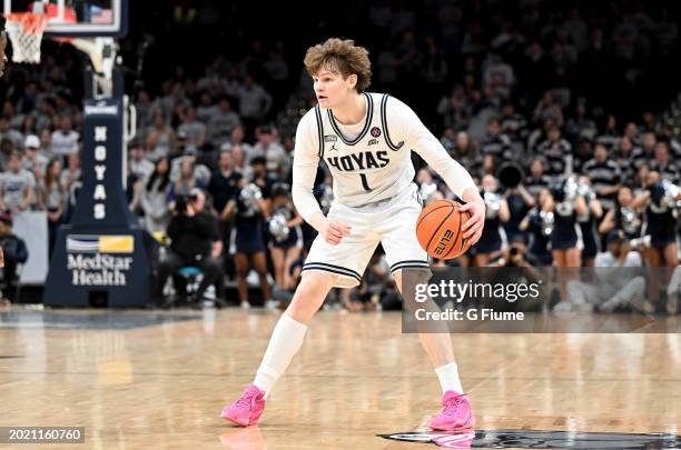 Rowan Brumbaugh of the Georgetown Hoyas handles the ball against the Villanova Wildcats at Capital One Arena on February 16, 2024 in Washington, DC.