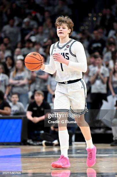 Rowan Brumbaugh of the Georgetown Hoyas handles the ball against the Villanova Wildcats at Capital One Arena on February 16, 2024 in Washington, DC.