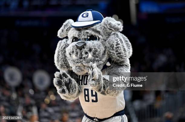 The Georgetown Hoyas mascot performs during the game against the Villanova Wildcats at Capital One Arena on February 16, 2024 in Washington, DC.