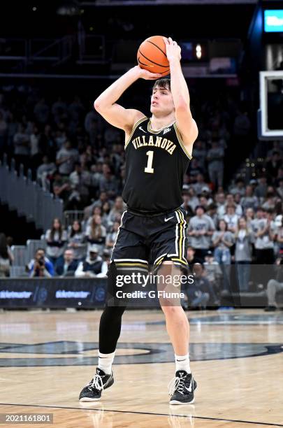 Brendan Hausen of the Villanova Wildcats shoots the ball against the Georgetown Hoyas at Capital One Arena on February 16, 2024 in Washington, DC.