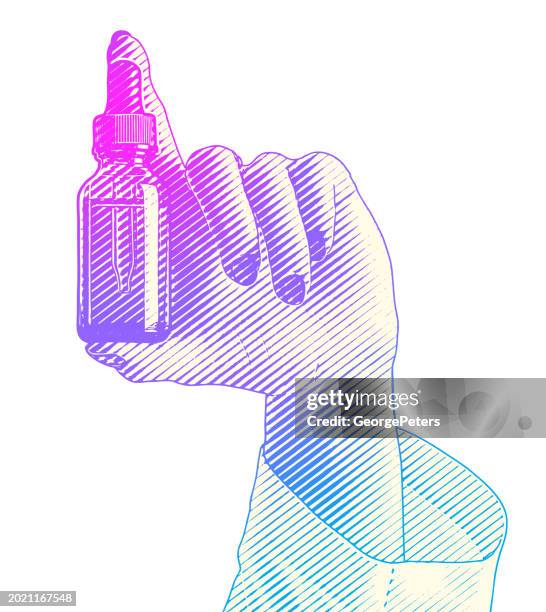 female hand holding essential oil bottle and pipette - cannabinoid stock illustrations