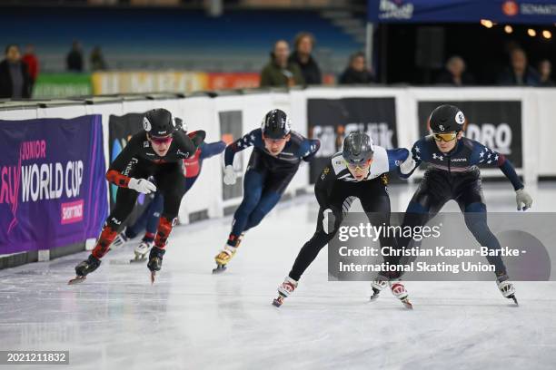 Sean Shuai of United States , Shin Dong Min of Korea and Tawan Thomas of France compete in Men`s 500m Final A race during the ISU Junior World Cup...