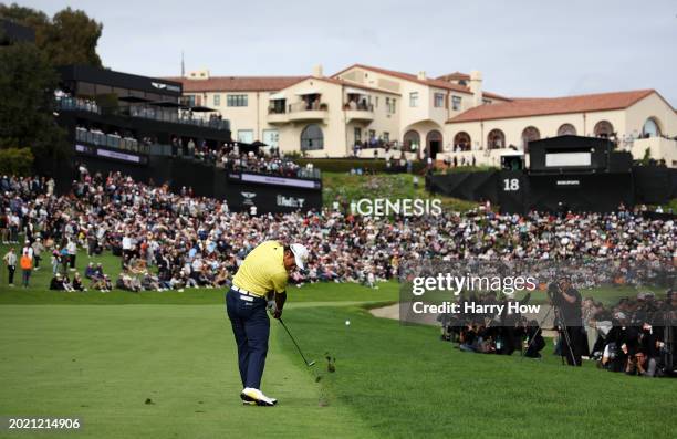 Hideki Matsuyama of Japan plays a shot on the 18th hole during the final round of The Genesis Invitational at Riviera Country Club on February 18,...