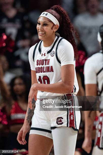 Kamilla Cardoso of the South Carolina Gamecocks looks on during their game against the Georgia Lady Bulldogs at Colonial Life Arena on February 18,...