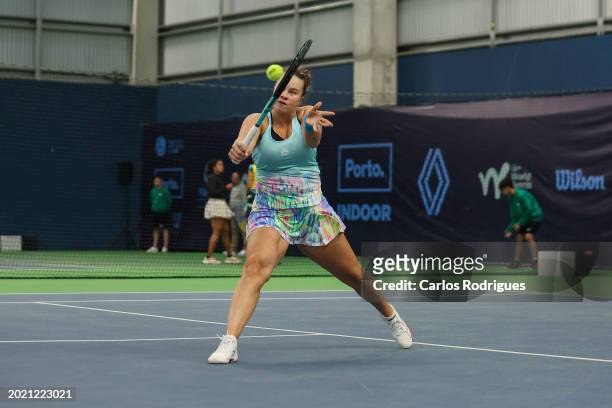 Valeria Savinykh in action during the match between Valeria Savinykh and Anna Bondar from Hungary during the 2024 ITF World Tennis Tour W75 Porto at...
