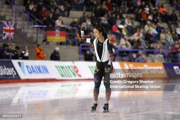 Miho Takagi of Japan waves to fans after skating in the Woman's 1500m during day three of the ISU World Single Distances Speed Skating Championships...
