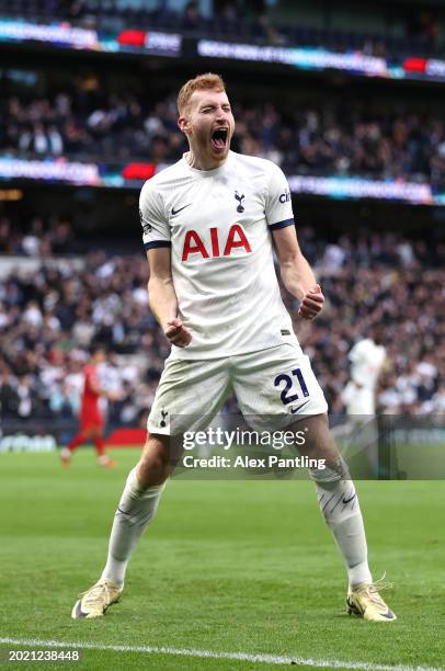 Dejan Kulusevski of Tottenham Hotspur celebrates after scoring his sides first goal during the Premier League match between Tottenham Hotspur and...
