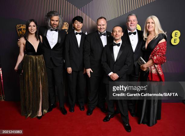 Guest, Alexis Wajsbrot, Stephane Ceretti, Theo Bialek, Guy Williams and guest attends the EE BAFTA Film Awards 2024 at The Royal Festival Hall on...