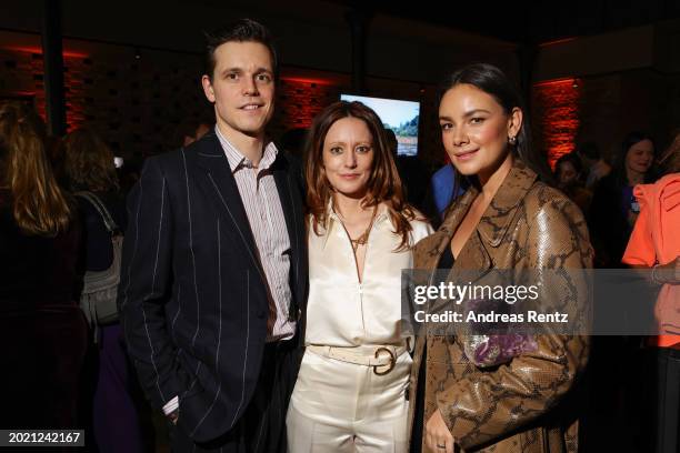 Franz Hartwig, Lavinia Wilson and Janina Uhse attend the reception event of Netflix DACH at Berlinale 2024 at Telegraphenamt on February 18, 2024 in...