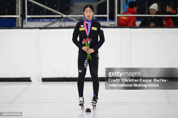 Chung Jaehee of Korea poses on podium after Women`s 500m medal ceremony during the ISU Junior World Cup Short Track Speed Skating at Thialf Ice Arena...