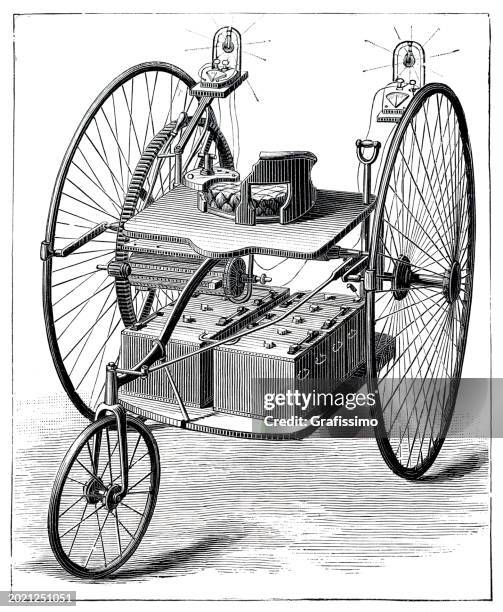 oldtimer dreirad elektroauto mit batterie 1894 - 1884 stock-grafiken, -clipart, -cartoons und -symbole