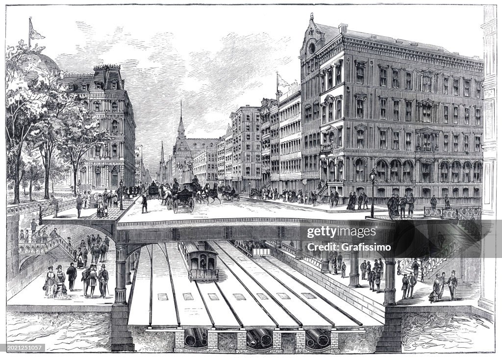 New York underground with tunnel and subway engraving 1884