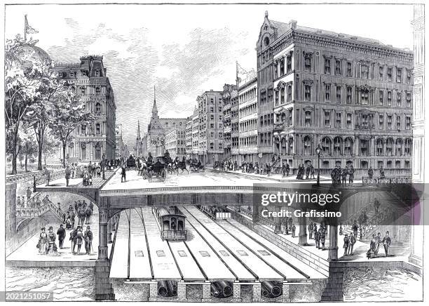 new york underground with tunnel and subway engraving 1884 - new york subway tunnel stock illustrations