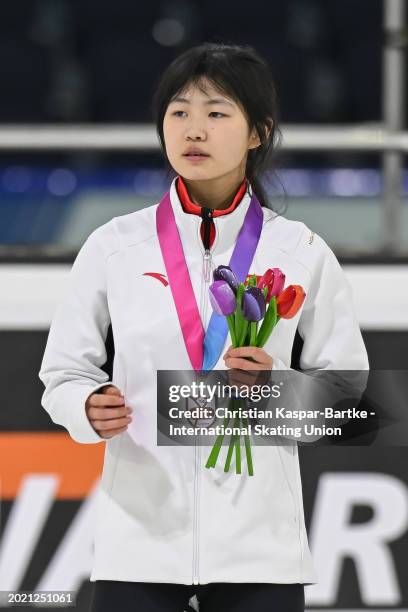 Yang Rongmiao of China pose on podium after Women`s 500m medal ceremony during the ISU Junior World Cup Short Track Speed Skating at Thialf Ice Arena...