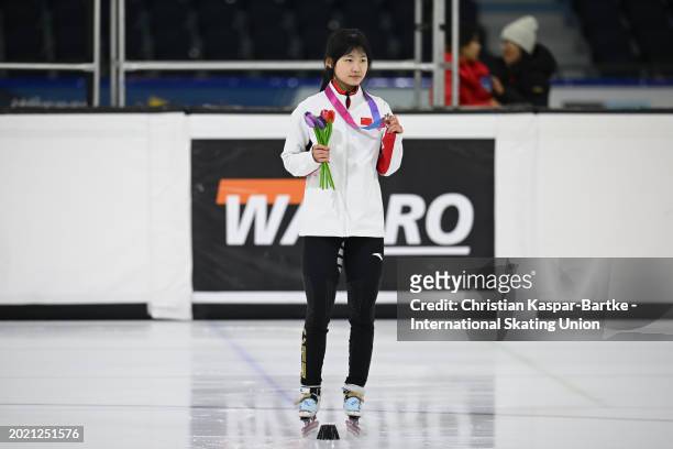 Yang Rongmiao of China pose on podium after Women`s 500m medal ceremony during the ISU Junior World Cup Short Track Speed Skating at Thialf Ice Arena...