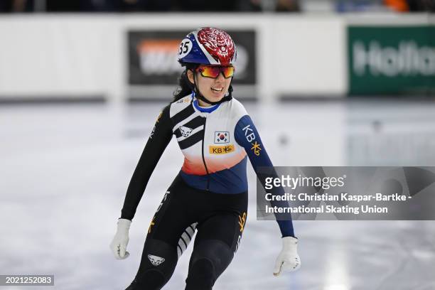 Chung Jaehee of Korea reacts after winning Women`s 500m Final A race during the ISU Junior World Cup Short Track Speed Skating at Thialf Ice Arena on...