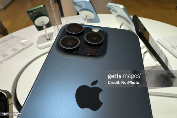 Apple iPhone 15 phones are seen in this illustration photo taken at the store in Krakow, Poland on February 21, 2024.