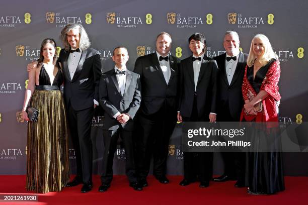 Guest, Alexis Wajsbrot, Theo Bialek, Stephane Ceretti, guest, Guy Williams and guest attend the 2024 EE BAFTA Film Awards at The Royal Festival Hall...