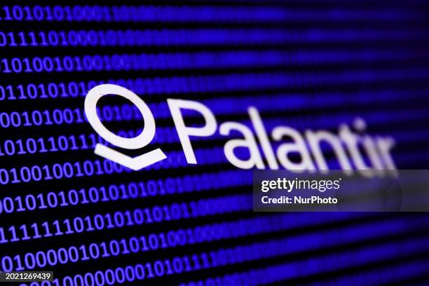 Binary code and Palantir logo are seen in this multpiple exposure illustration photo taken in Krakow, Poland on February 21, 2024.