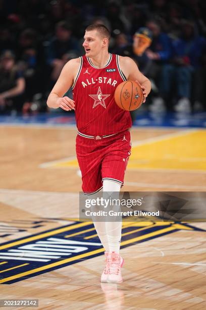 Nikola Jokic of the Western Conference dribbles the ball during the game against the Eastern Conference during the NBA All-Star Game as part of NBA...