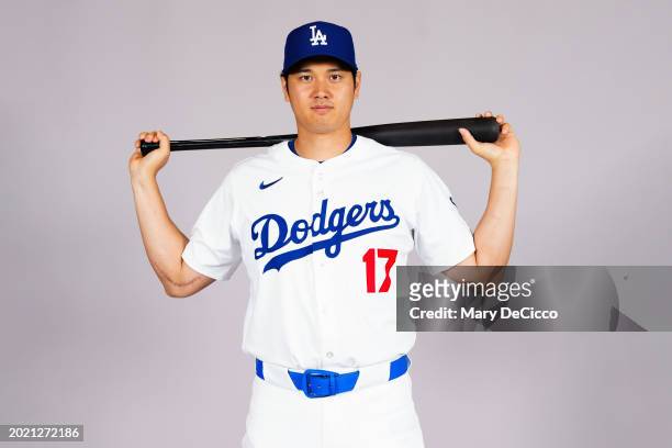 Shohei Ohtani of the Los Angeles Dodgers poses for a photo during the Los Angeles Dodgers Photo Day at Camelback Ranch on Wednesday, February 21,...
