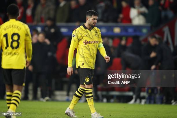 Emre Can of Borussia Dortmund is disappointed during the UEFA Champions League round of 16 match between PSV Eindhoven and Borussia Dortmund at the...