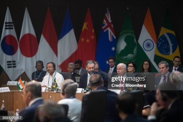 Mauro Vieira, Brazil's foreign affairs minister, center right, at the Marina da Gloria in Rio de Janeiro, Brazil, on Wednesday, Feb. 21, 2024. The...