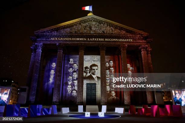 Photo shows Tha Pantheon during the state ceremony for Missak and Melinee Manouchian's induction into The Pantheon in Paris on February 21, 2024. The...