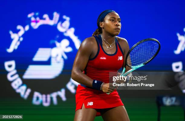 Coco Gauff of the United States in action against Karolina Pliskova of the Czech Republic in the third round on Day 4 of the Dubai Duty Free Tennis...