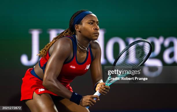 Coco Gauff of the United States in action against Karolina Pliskova of the Czech Republic in the third round on Day 4 of the Dubai Duty Free Tennis...
